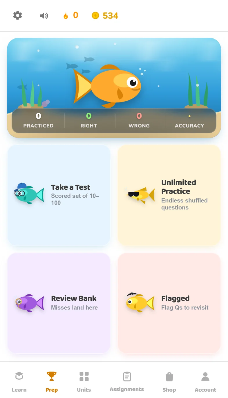 Competition prep in the Finlingo app: take a test, unlimited practice, a review bank and flagged questions