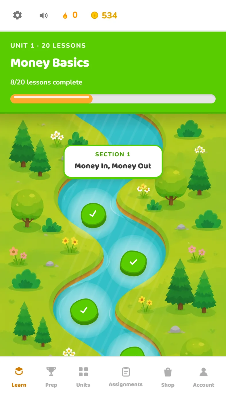 The Finlingo lesson path: a river through a meadow with lesson stones, the first five completed