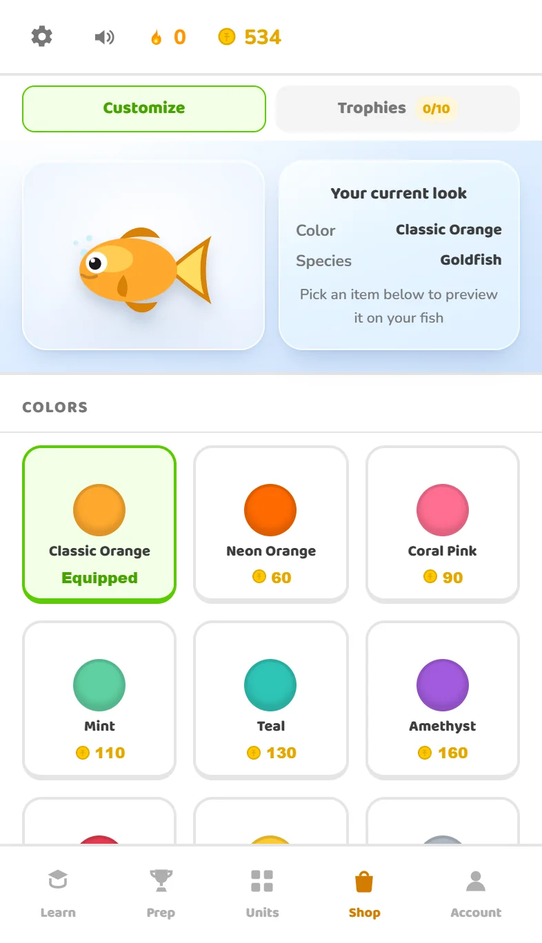The fish shop: color swatches with coin prices, Classic Orange equipped